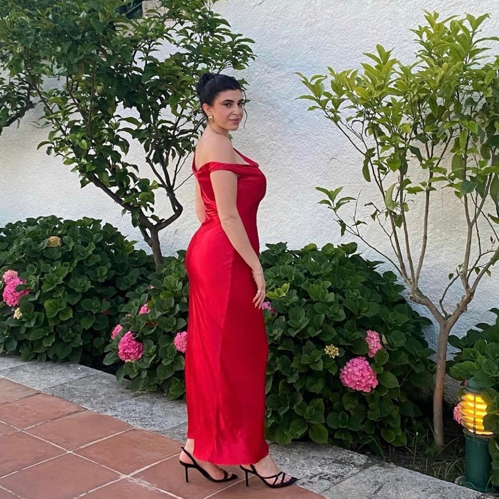 Ever New Off the shoulder maxi satin wedding guest dress